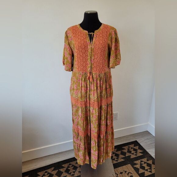 Downeast Floral Tiered Maxi Dress Bohemian Gypsy Hippie Cottage Prairie Large - Picture 1 of 14